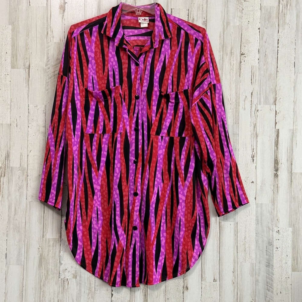 Cole Of California Tunic Blouse M Vibrant Pink Orange Artsy Party Casual Retro